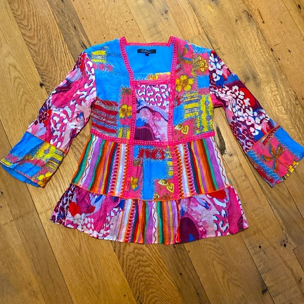 Calessa Fiesta Patchwork Print Boho Hippie Festival Square Neck Top Sz SMALL